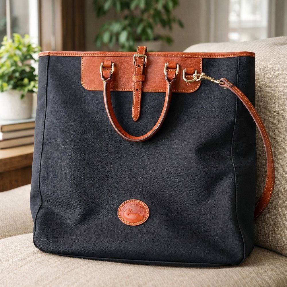 Dooney & Bourke Large Black Tote British Tan Leather Shoulder Bag